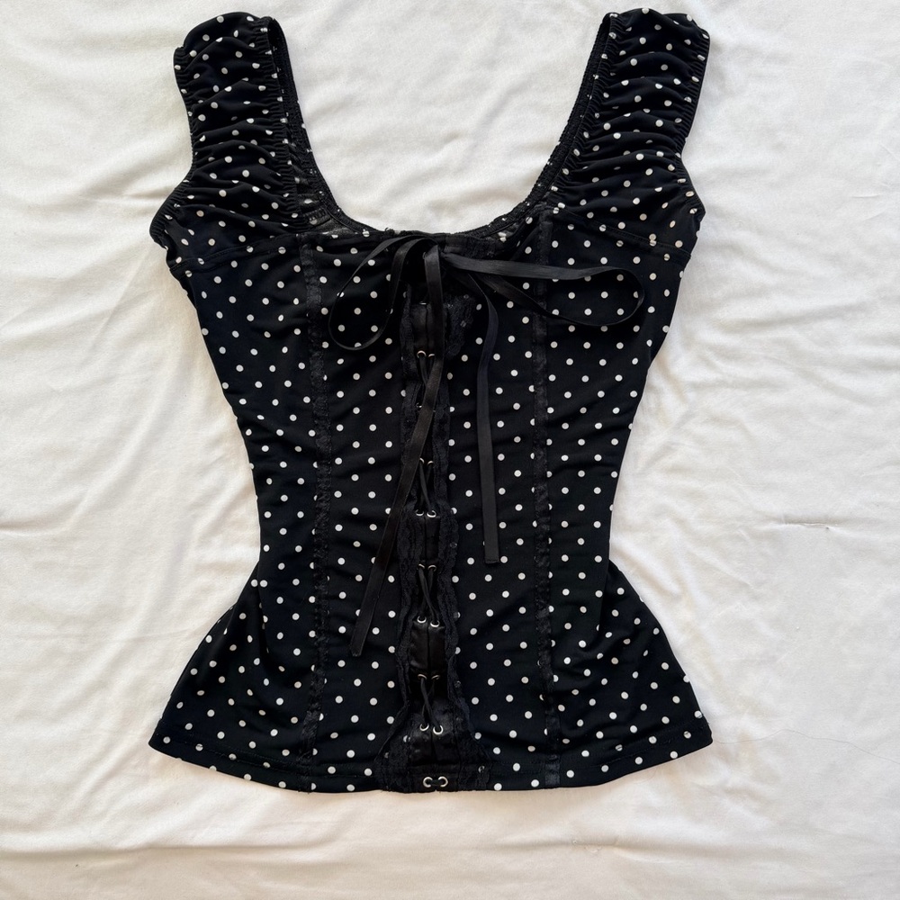 Suzy Shier Black Polka Dot Corset-Style Camisole